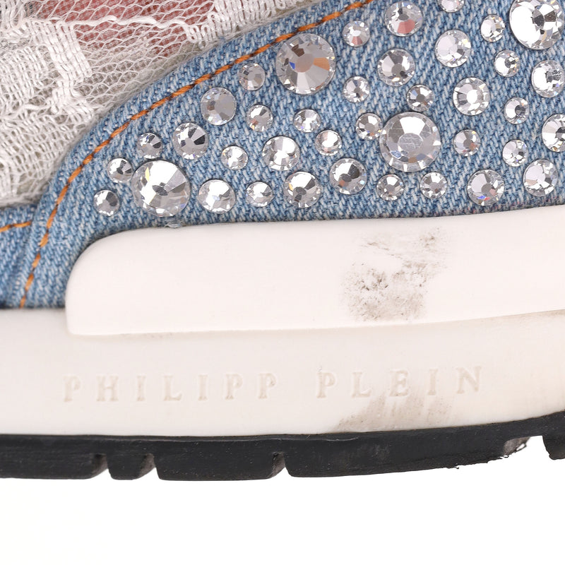 Philipp Plein Lace, Crystal & Stud Embellished Denim Trainers. Size 36