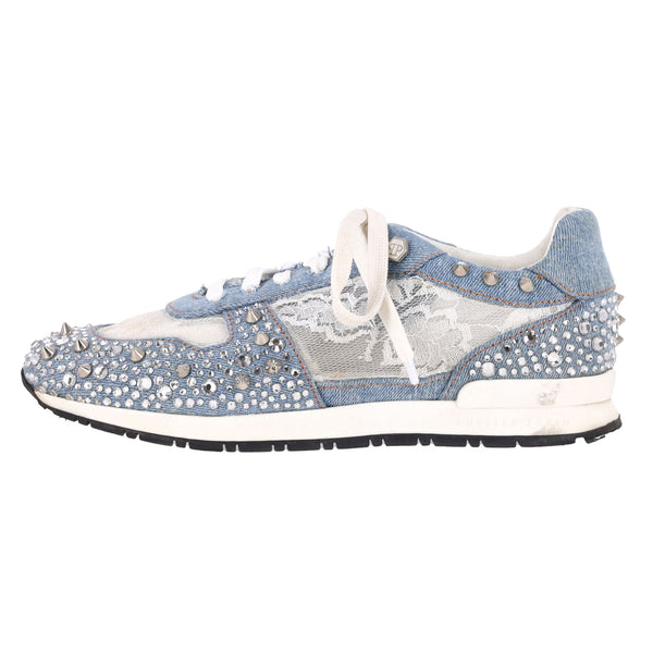Philipp Plein Lace, Crystal & Stud Embellished Denim Trainers. Size 36