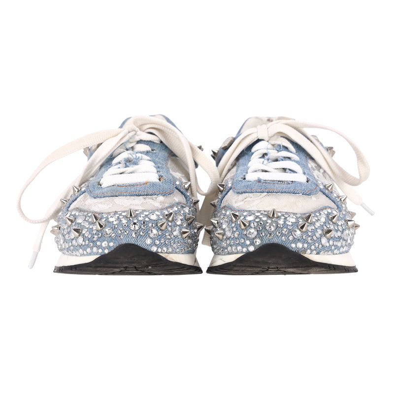 Philipp Plein Lace, Crystal & Stud Embellished Denim Trainers. Size 36