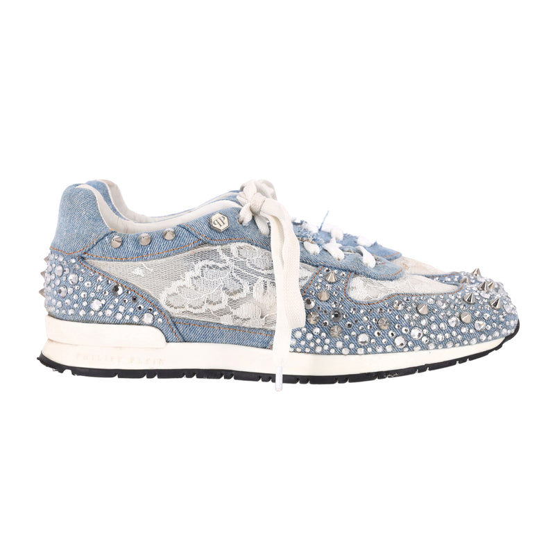 Philipp Plein Lace, Crystal & Stud Embellished Denim Trainers. Size 36