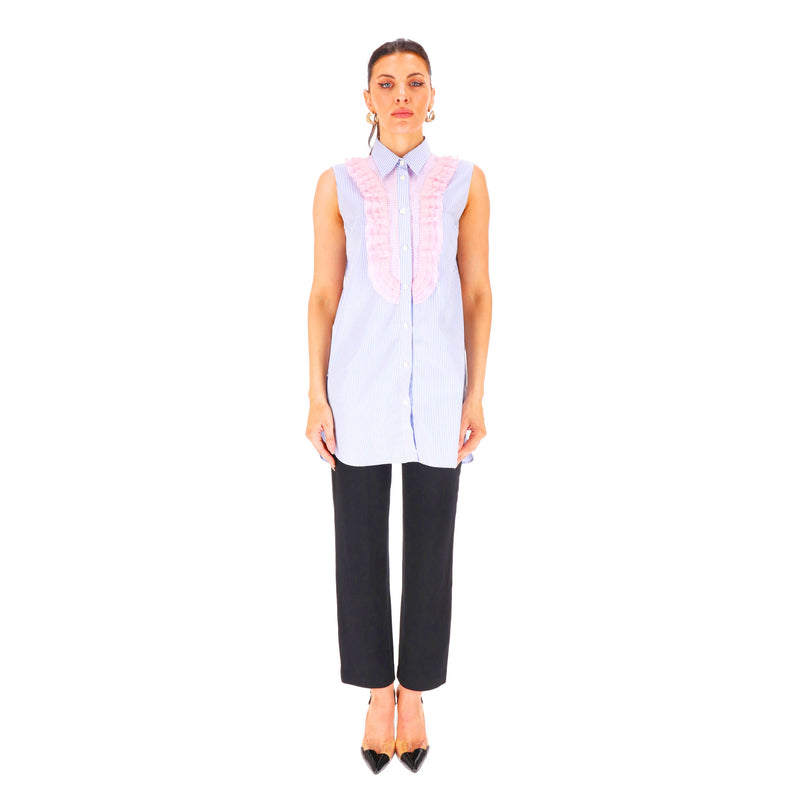 Prada Striped Ruffle Front Top. Size 40FR