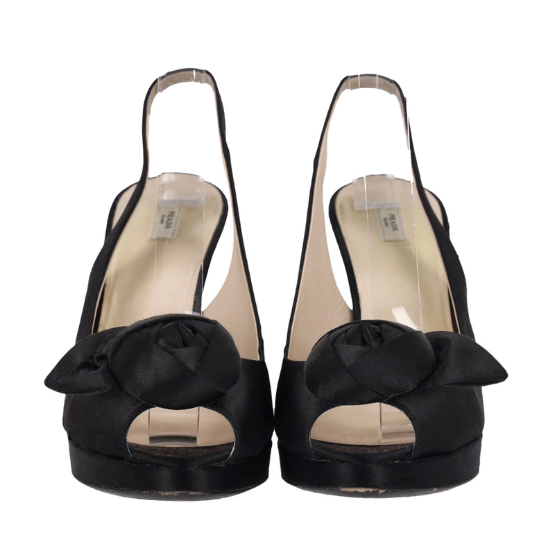 Prada Rose Detail Satin Peep-Toe Pumps. Size 39.5