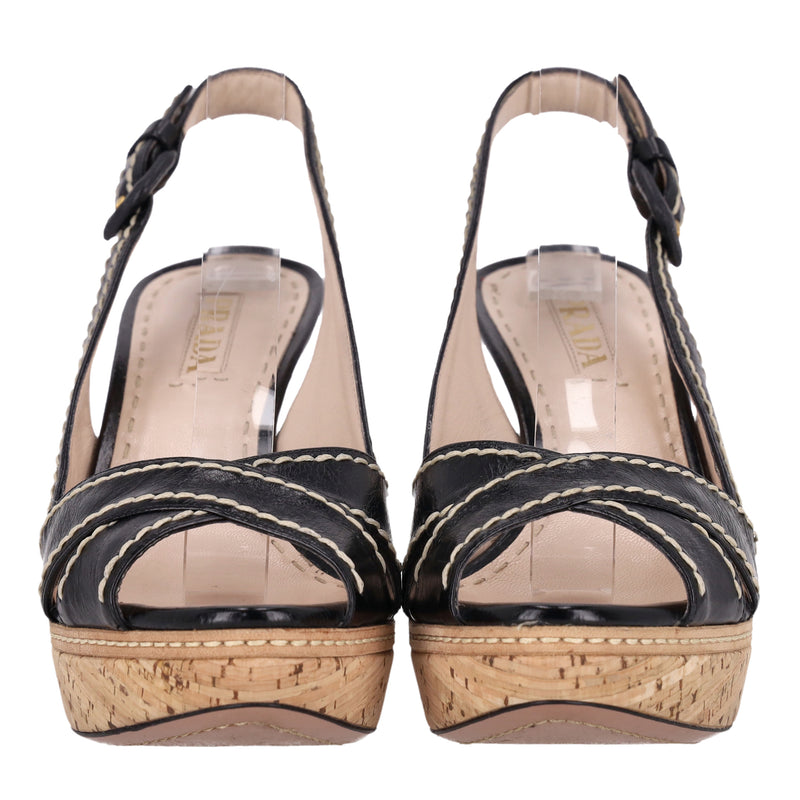 Prada Cork Platform Leather Peep-Toe Pumps. Size 40