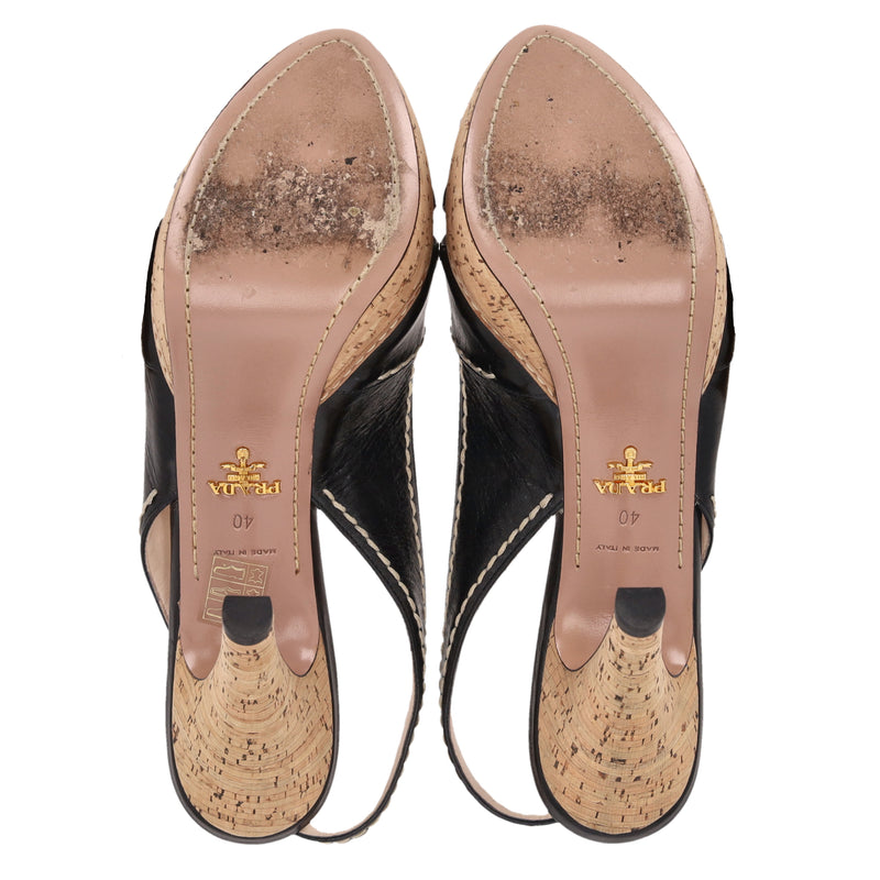 Prada Cork Platform Leather Peep-Toe Pumps. Size 40