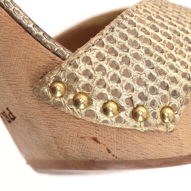 Prada Python Skin Studded Wooden Heel Clog Sandals. Size 37