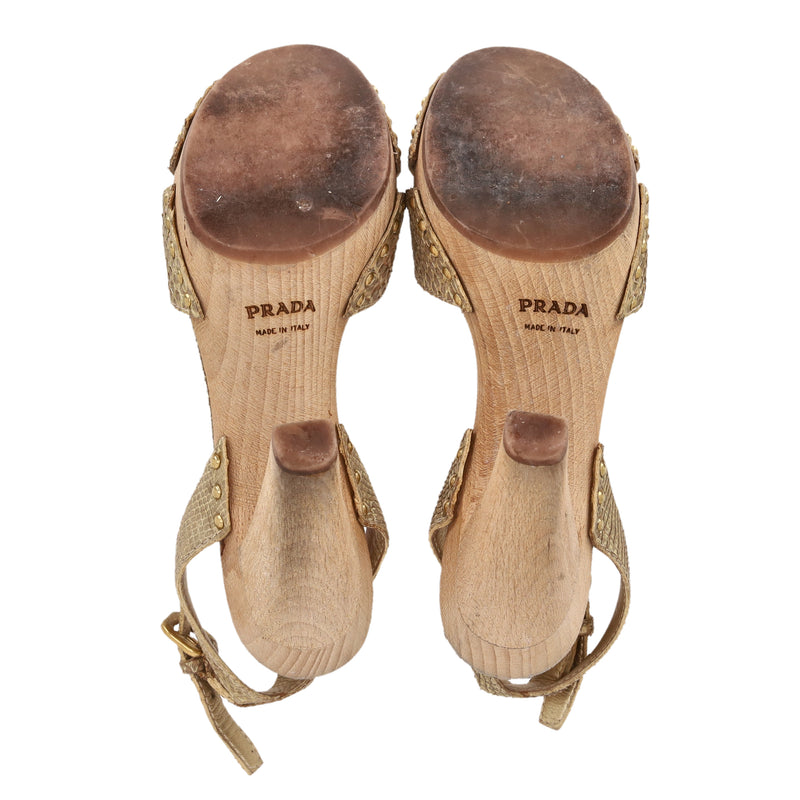 Prada Python Skin Studded Wooden Heel Clog Sandals. Size 37