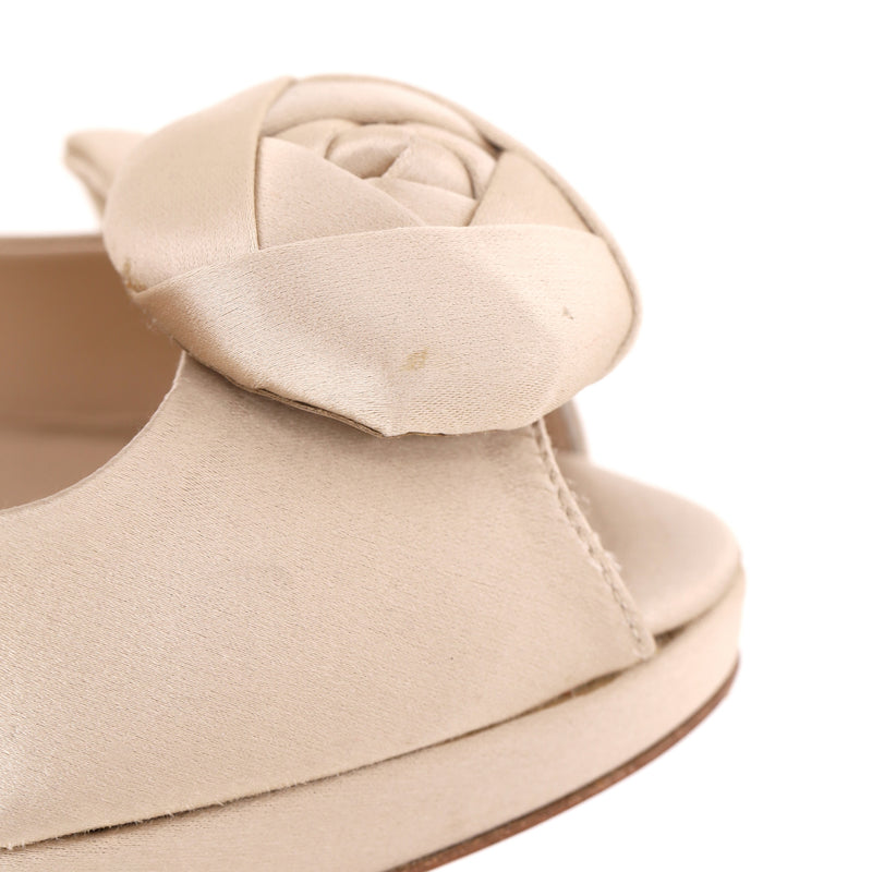 Prada Rose Detail Satin Peep-Toe Pumps. Size 39.5