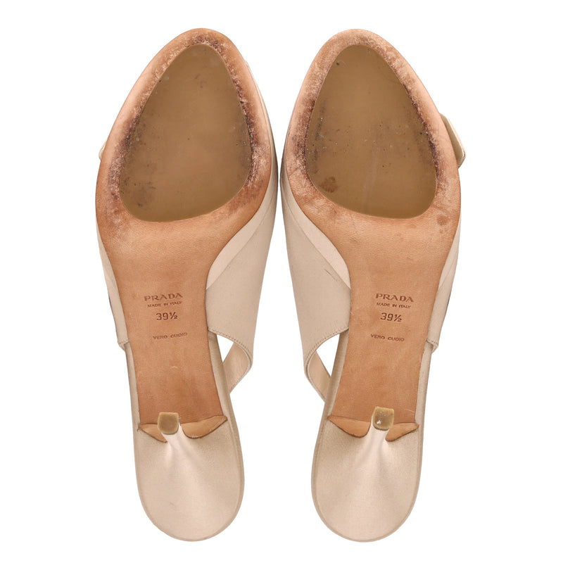 Prada Rose Detail Satin Peep-Toe Pumps. Size 39.5