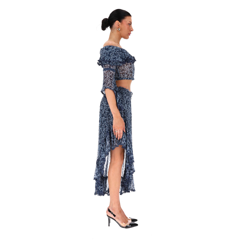 Rahi Cali Off-The-Shoulder Top & Asymmetric Skirt Two-Piece Set. Size S/L