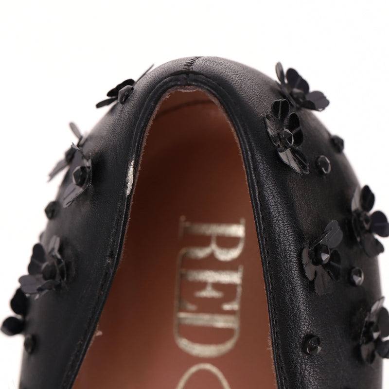 Red Valentino Flower Embellished Leather Peep-Toe Heels. Size 38