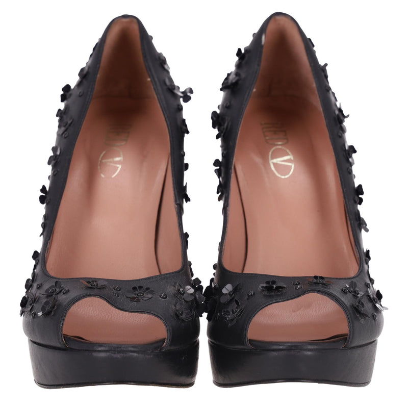 Red Valentino Flower Embellished Leather Peep-Toe Heels. Size 38