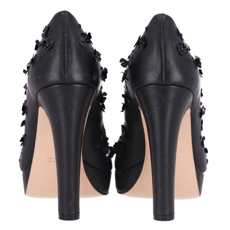 Red Valentino Flower Embellished Leather Peep-Toe Heels. Size 38