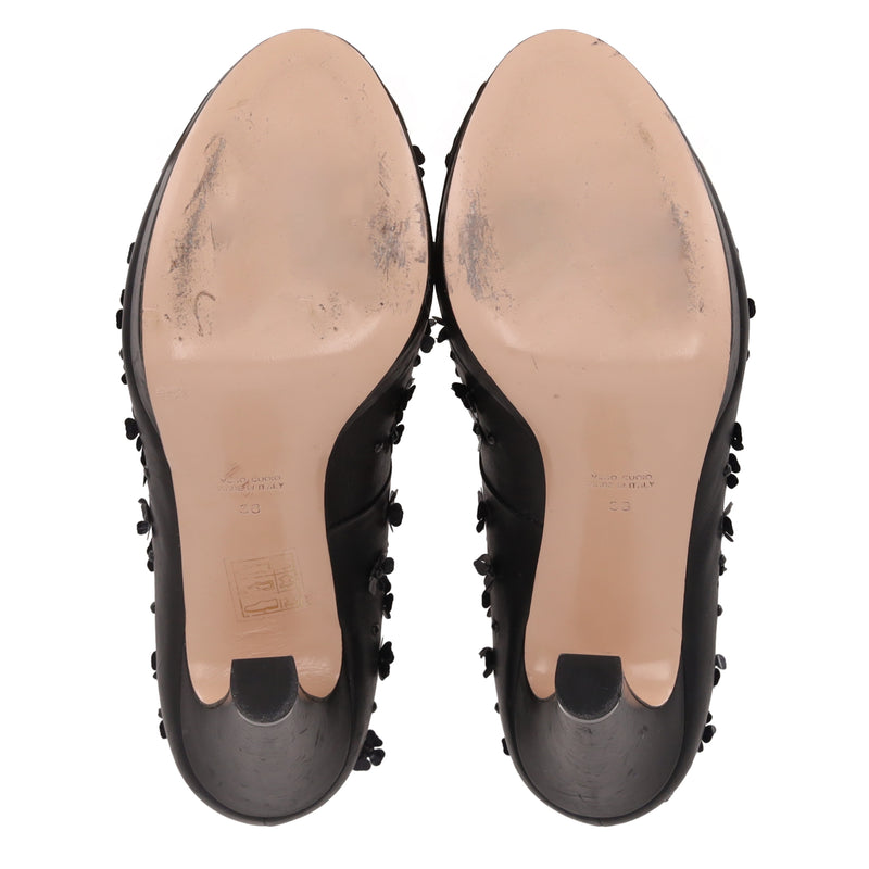 Red Valentino Flower Embellished Leather Peep-Toe Heels. Size 38