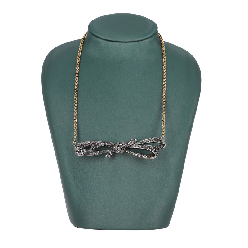 Rose Cut Diamond Bow Necklace Georgian Vintage In 15ct Gold
