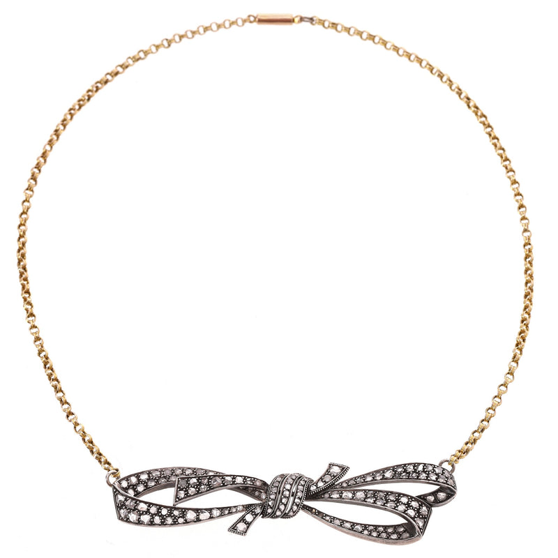 Rose Cut Diamond Bow Necklace Georgian Vintage In 15ct Gold