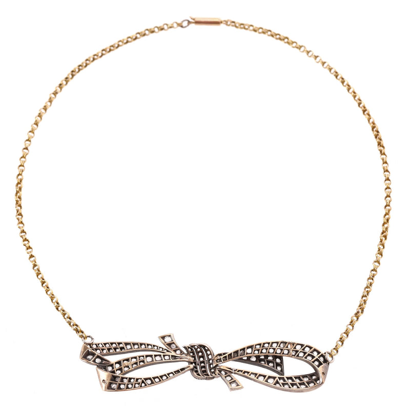 Rose Cut Diamond Bow Necklace Georgian Vintage In 15ct Gold