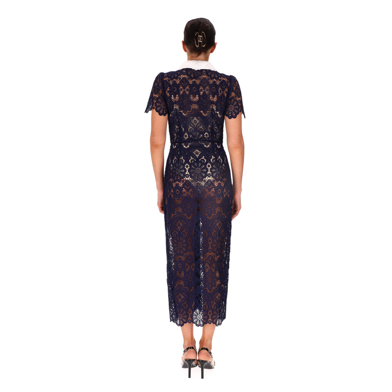 Self-Portrait Guipure-Lace Collared Midi Dress. Size 8UK