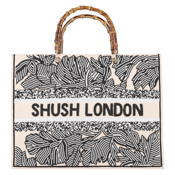 Shush London Hand-Beaded Canvas Logo Tote Bag With Bamboo Handles