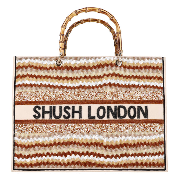 Shush London Hand-Beaded Canvas Logo Tote Bag With Bamboo Handles
