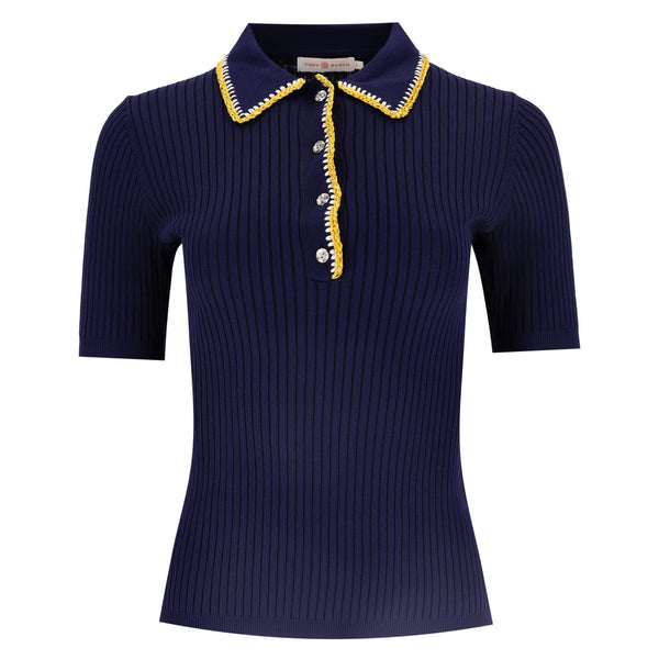 Tory Burch Stitch-Trim Silk Blend Ribbed Polo Top. Size 4US