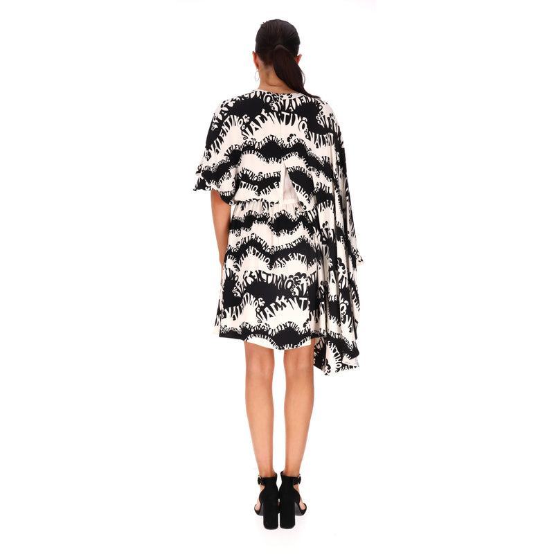 Valentino Logo Printed Silk Dress With Asymmetric Sleeves. Size 40IT