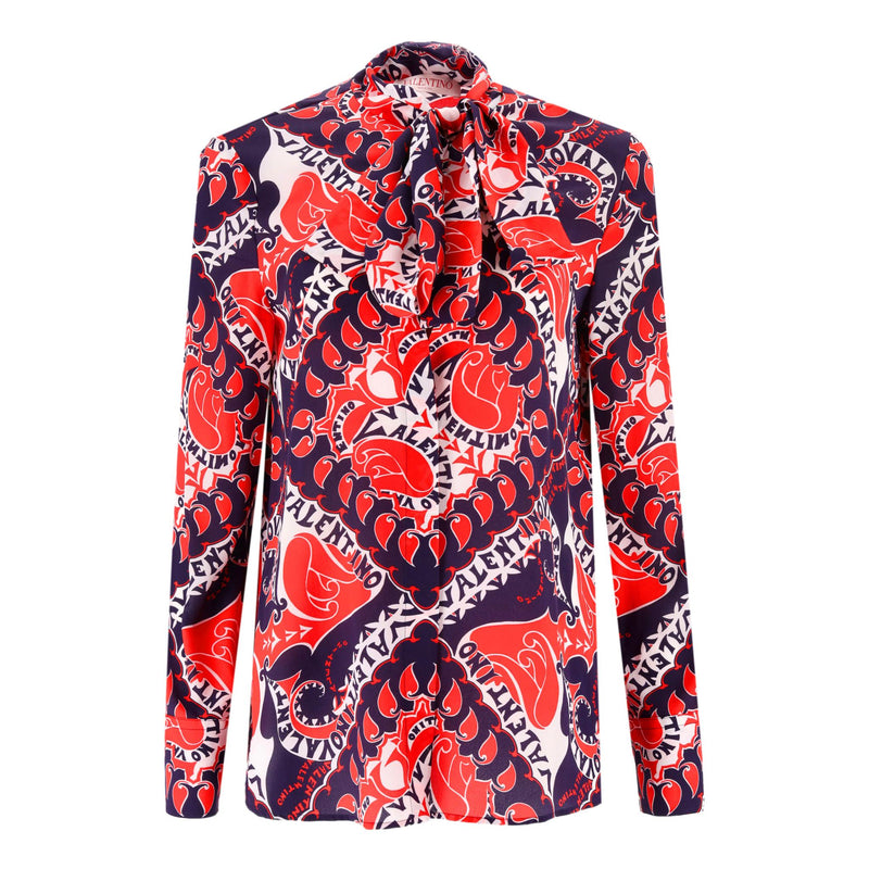 Valentino Silk Crepe Bandana Logo Print Tie Neck Top & Trouser Ensemble. Size 42IT