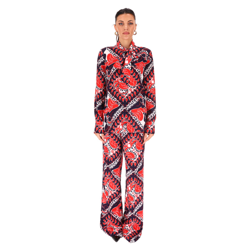Valentino Silk Crepe Bandana Logo Print Tie Neck Top & Trouser Ensemble. Size 42IT