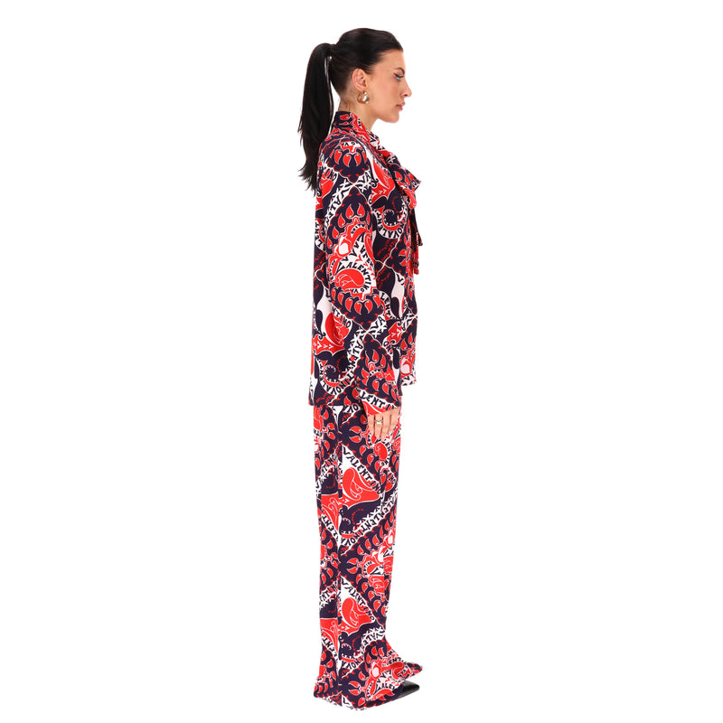 Valentino Silk Crepe Bandana Logo Print Tie Neck Top & Trouser Ensemble. Size 42IT