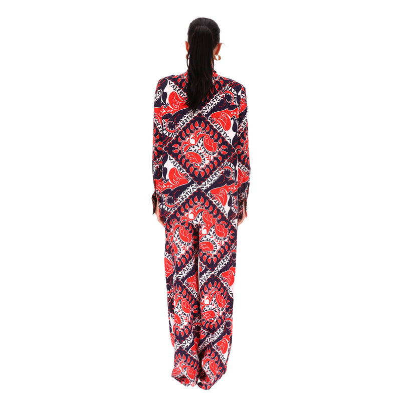 Valentino Silk Crepe Bandana Logo Print Tie Neck Top & Trouser Ensemble. Size 42IT