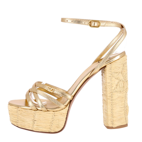 Valentino Garavani Raflower Raffia-Trimmed Leather Platform Sandals. Size 36