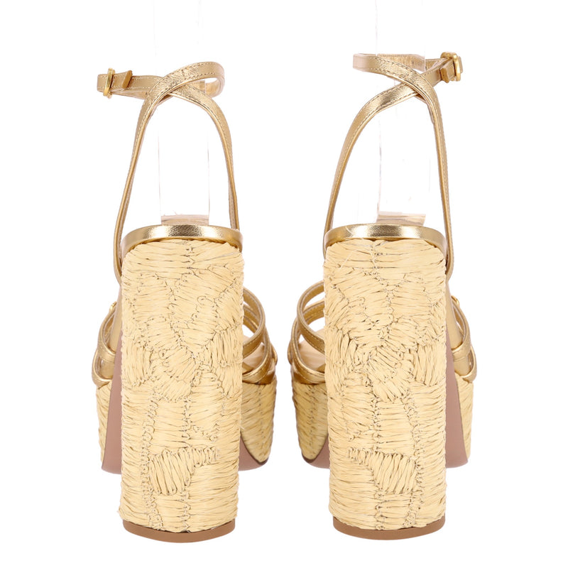 Valentino Garavani Raflower Raffia-Trimmed Leather Platform Sandals. Size 36