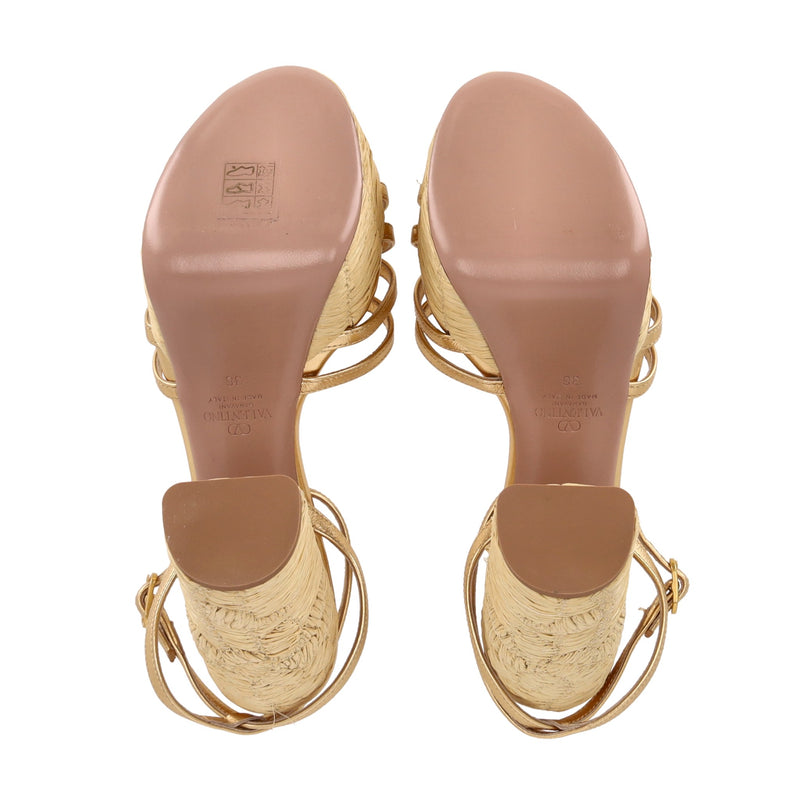 Valentino Garavani Raflower Raffia-Trimmed Leather Platform Sandals. Size 36