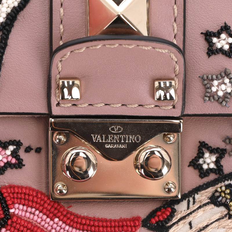Valentino Glam Lock Rockstud Leather Tattoo Bead Embroidered Shoulder Bag
