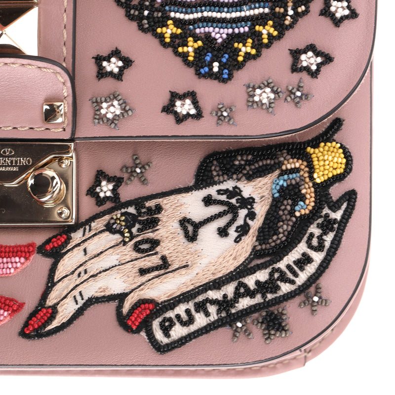 Valentino Glam Lock Rockstud Leather Tattoo Bead Embroidered Shoulder Bag