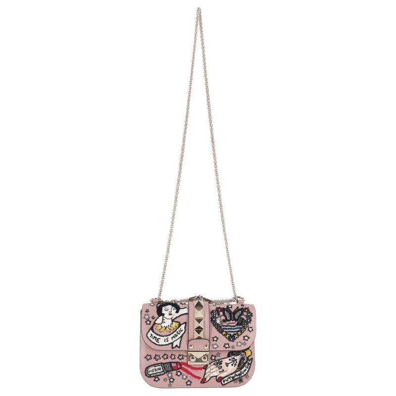 Valentino Glam Lock Rockstud Leather Tattoo Bead Embroidered Shoulder Bag