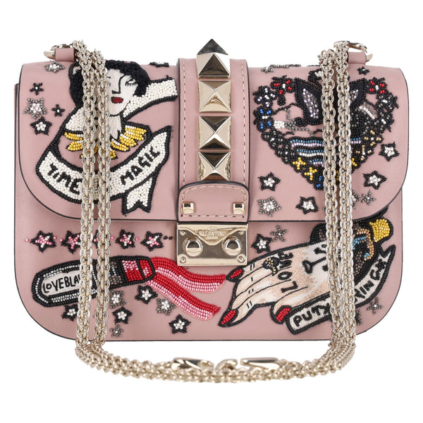 Valentino Glam Lock Rockstud Leather Tattoo Bead Embroidered Shoulder Bag