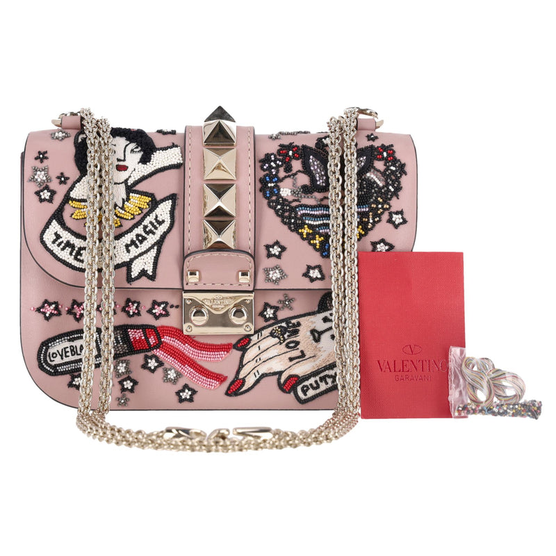 Valentino Glam Lock Rockstud Leather Tattoo Bead Embroidered Shoulder Bag