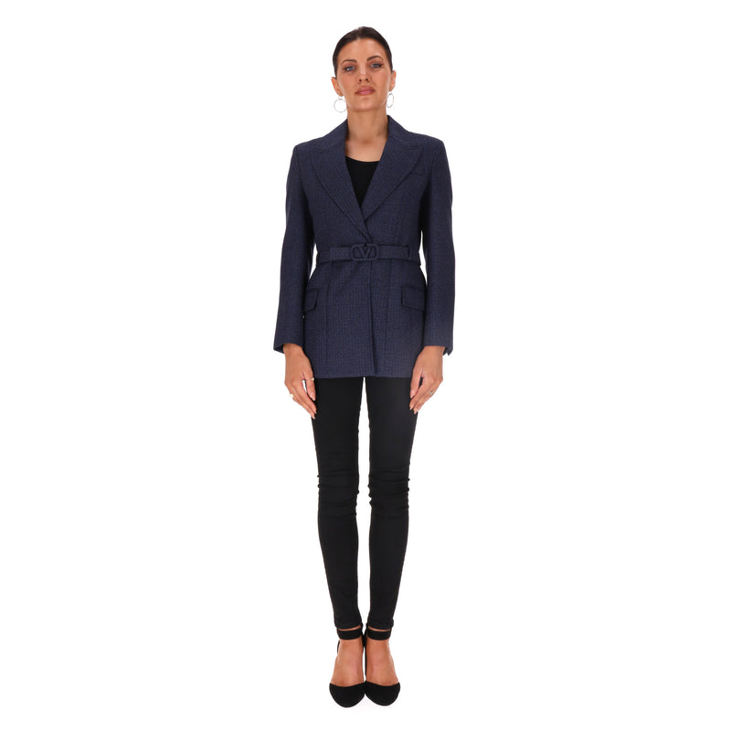 Valentino Virgin Wool Tweed 'V' Logo Belted Jacket. Size 38IT