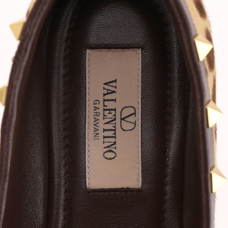 Valentino Rockstud Leather-Trimmed Leopard Pony-Hair Ballet Flats. Size 40