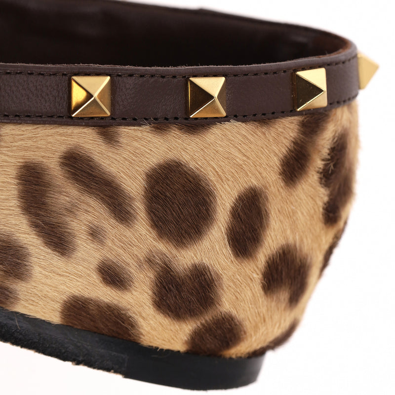 Valentino Rockstud Leather-Trimmed Leopard Pony-Hair Ballet Flats. Size 40