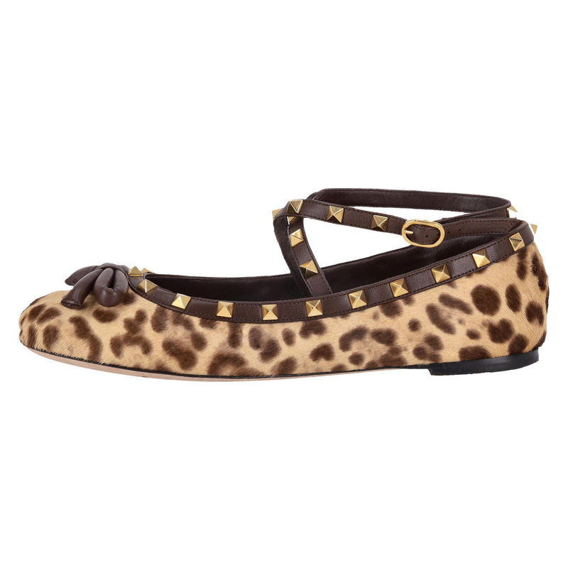 Valentino Rockstud Leather-Trimmed Leopard Pony-Hair Ballet Flats. Size 40