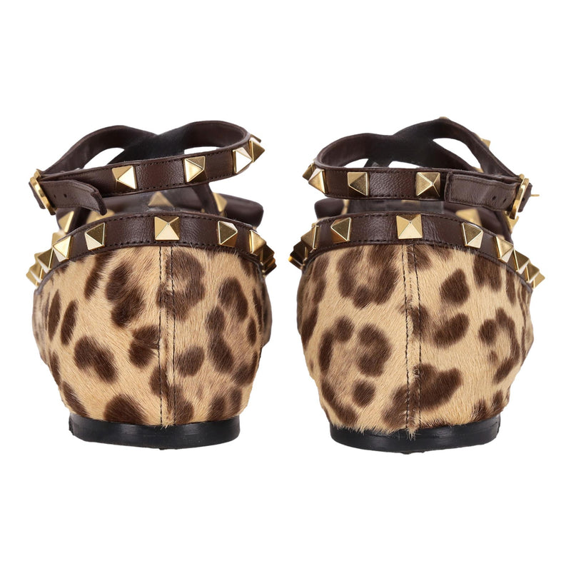 Valentino Rockstud Leather-Trimmed Leopard Pony-Hair Ballet Flats. Size 40