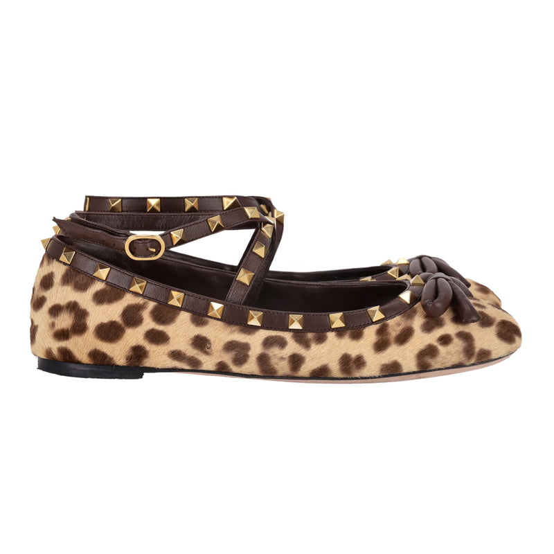 Valentino Rockstud Leather-Trimmed Leopard Pony-Hair Ballet Flats. Size 40
