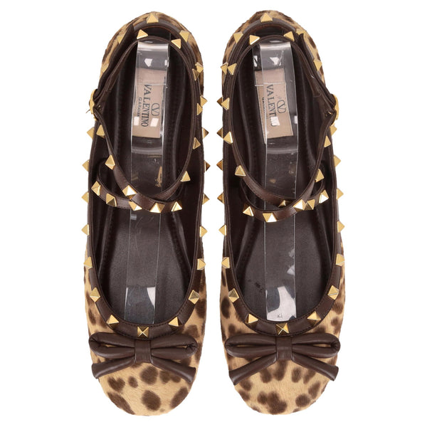 Valentino Rockstud Leather-Trimmed Leopard Pony-Hair Ballet Flats. Size 40