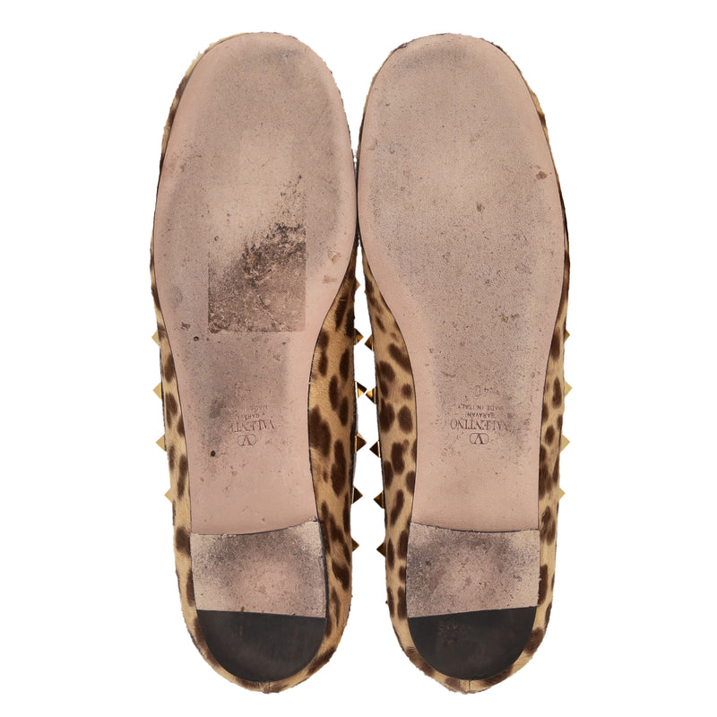 Valentino Rockstud Leather-Trimmed Leopard Pony-Hair Ballet Flats. Size 40