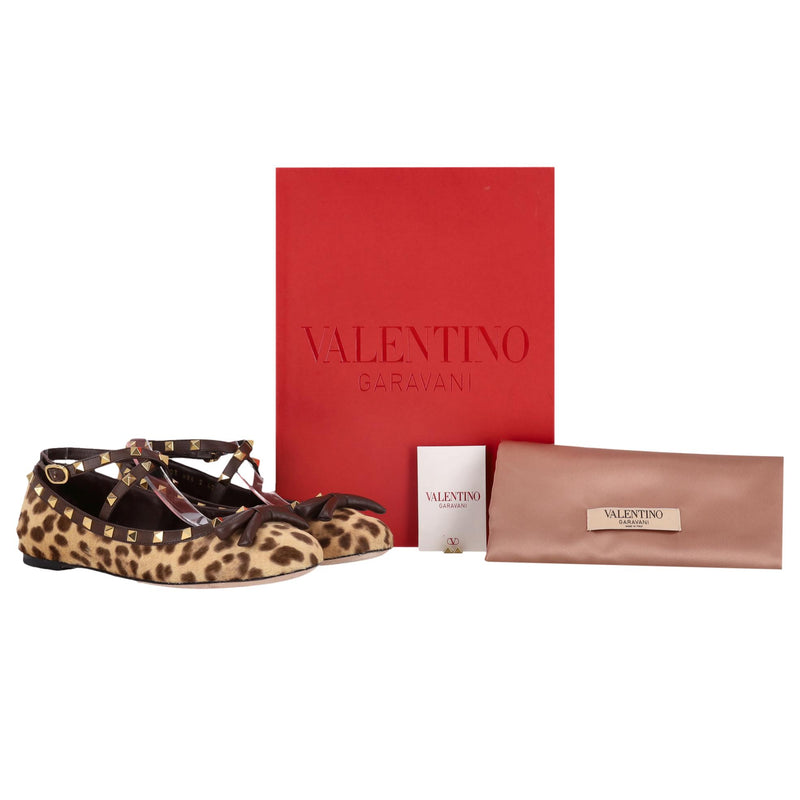 Valentino Rockstud Leather-Trimmed Leopard Pony-Hair Ballet Flats. Size 40