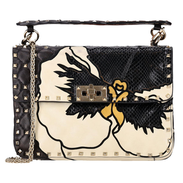 Valentino Garavani Rockstud Leather & Snakeskin Trimmed Floral