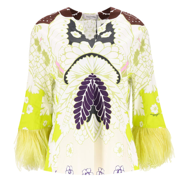 Valentino Printed Cotton Top With Feather Trimmed Sleeves. Size 38IT