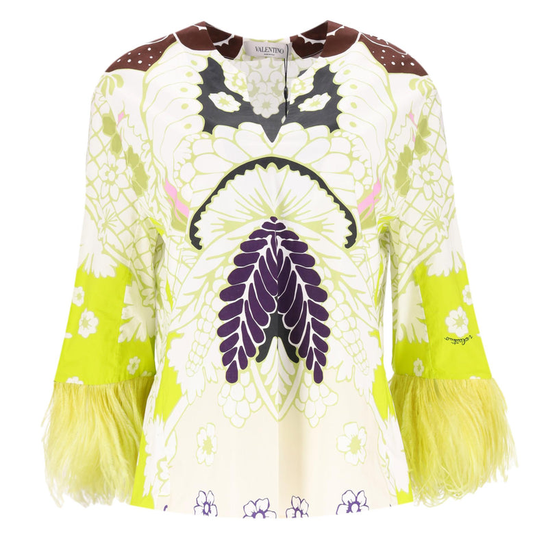 Valentino Printed Cotton Top With Feather Trimmed Sleeves. Size 38IT