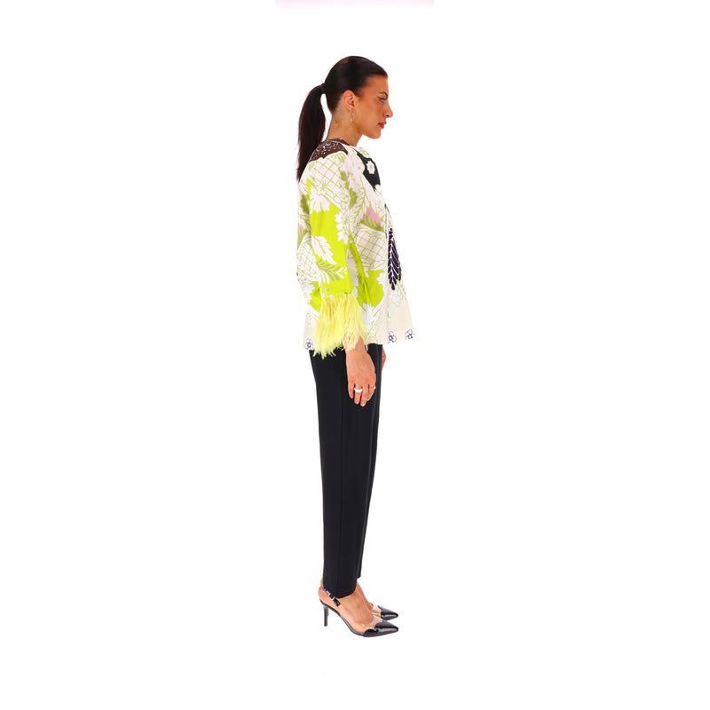 Valentino Printed Cotton Top With Feather Trimmed Sleeves. Size 38IT